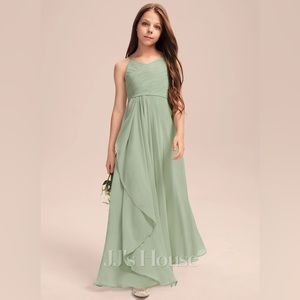 A-line V-Neck Floor-Length Chiffon Jr Bridesmaid Dress With Cascading Ruffles